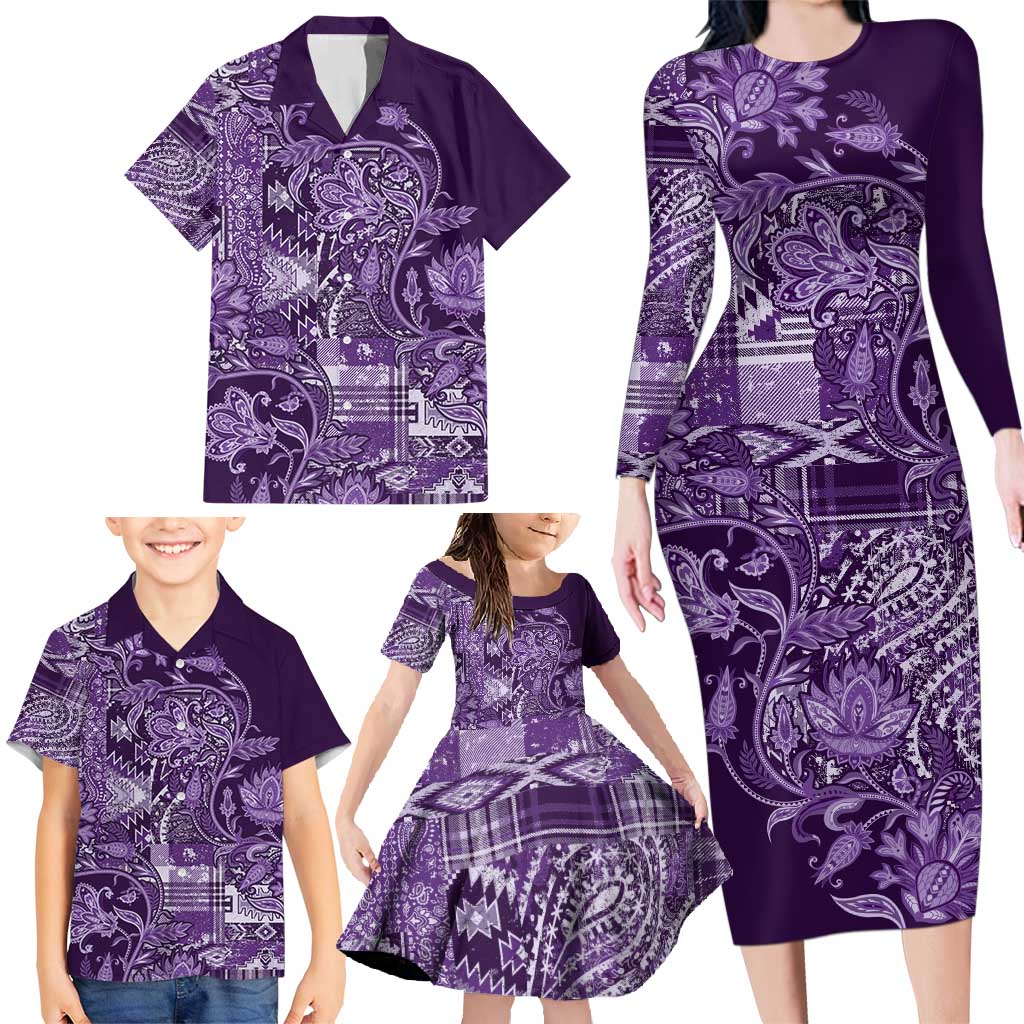 Africa Floral mix Maasai Shuka Family Matching Long Sleeve Bodycon Dress and Hawaiian Shirt Purple Moitf LT9 - Wonder Print Shop