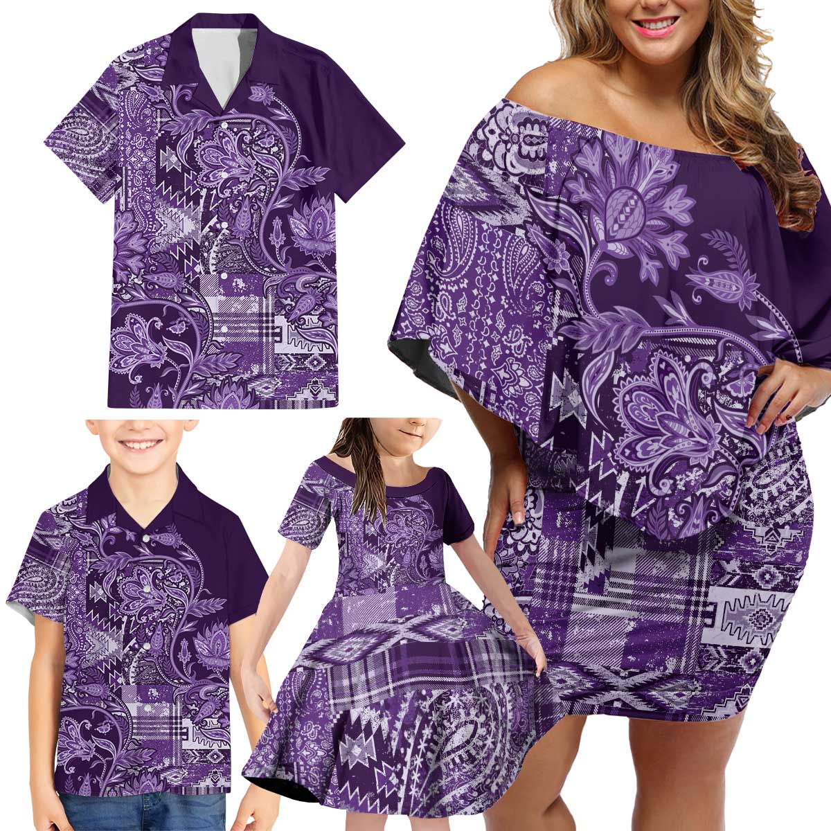 Africa Floral mix Maasai Shuka Family Matching Off Shoulder Short Dress and Hawaiian Shirt Purple Moitf LT9 - Wonder Print Shop