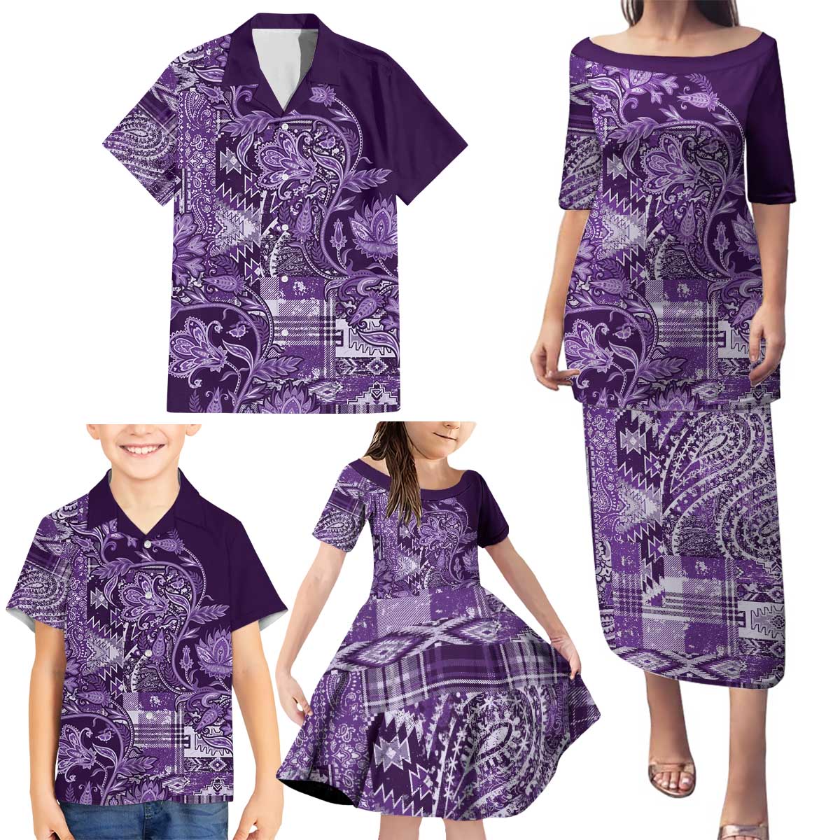 Africa Floral mix Maasai Shuka Family Matching Puletasi and Hawaiian Shirt Purple Moitf - Wonder Print Shop