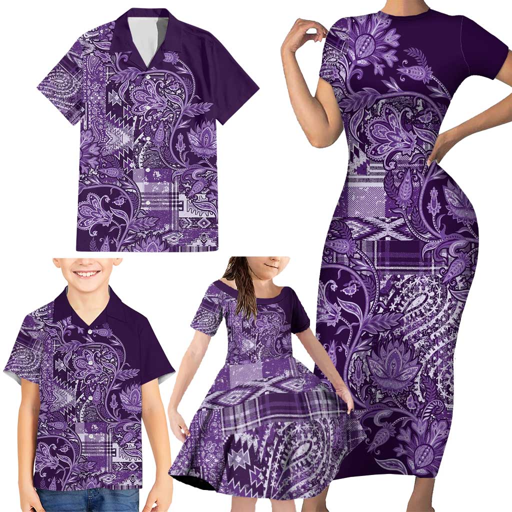 Africa Floral mix Maasai Shuka Family Matching Short Sleeve Bodycon Dress and Hawaiian Shirt Purple Moitf - Wonder Print Shop