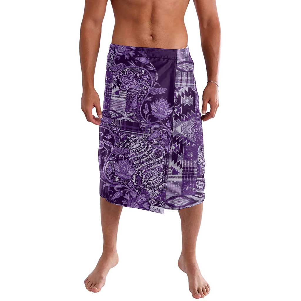 Purple paisley and tribal-pattern wrap skirt with patchwork panels