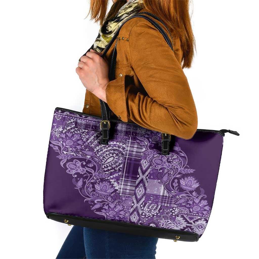 Africa Floral mix Maasai Shuka Leather Tote Bag Purple Moitf - Wonder Print Shop