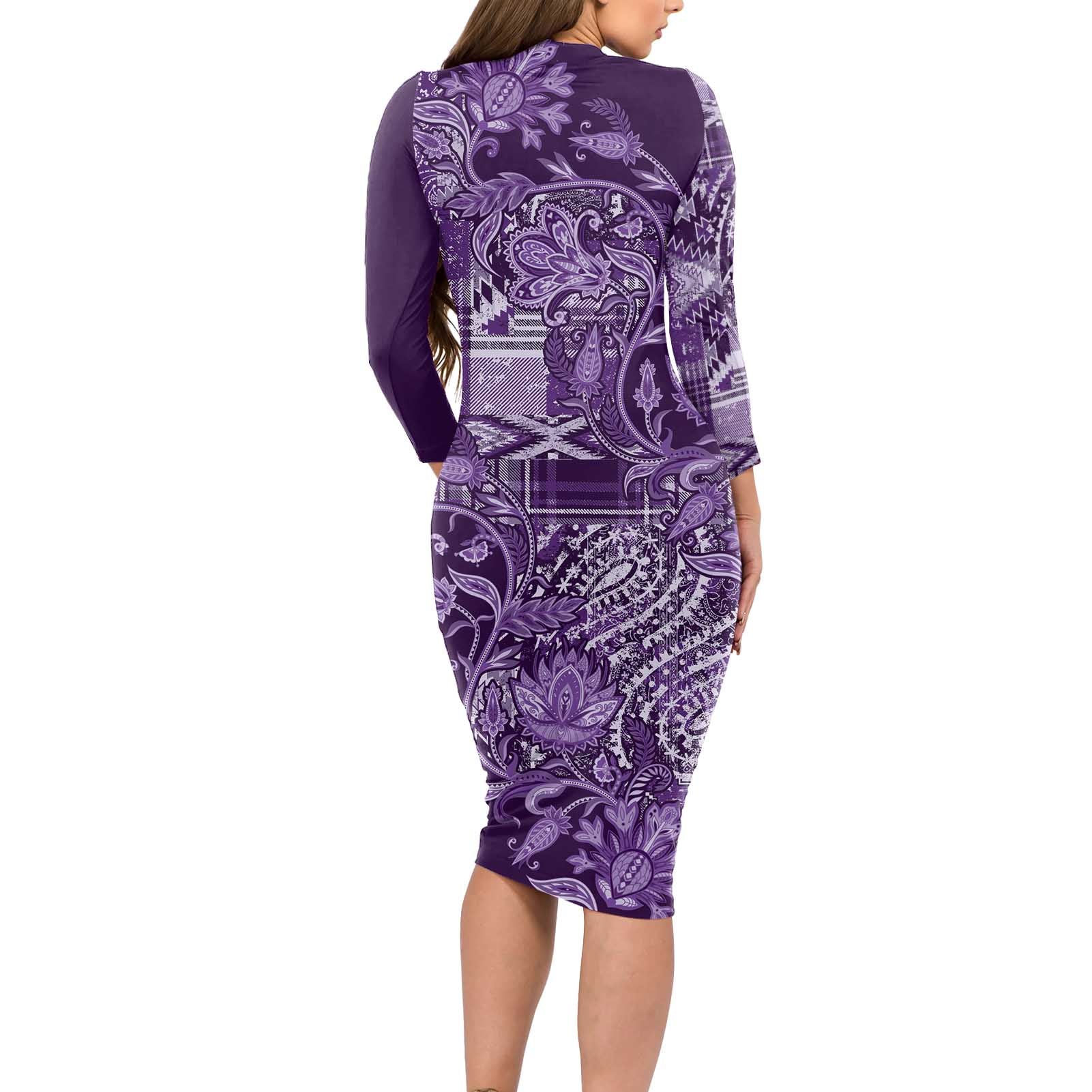 Africa Floral mix Maasai Shuka Long Sleeve Bodycon Dress Purple Moitf - Wonder Print Shop