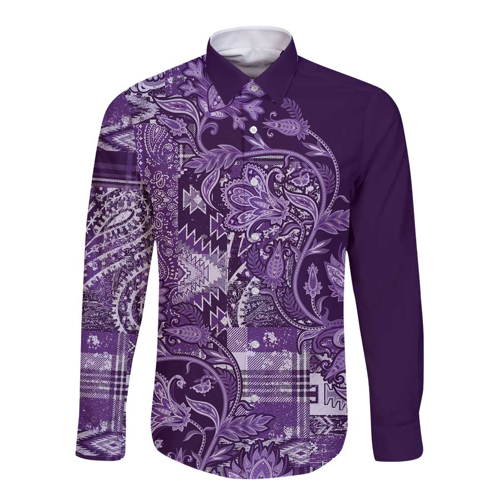 Africa Floral mix Maasai Shuka Long Sleeve Button Shirt Purple Moitf - Wonder Print Shop