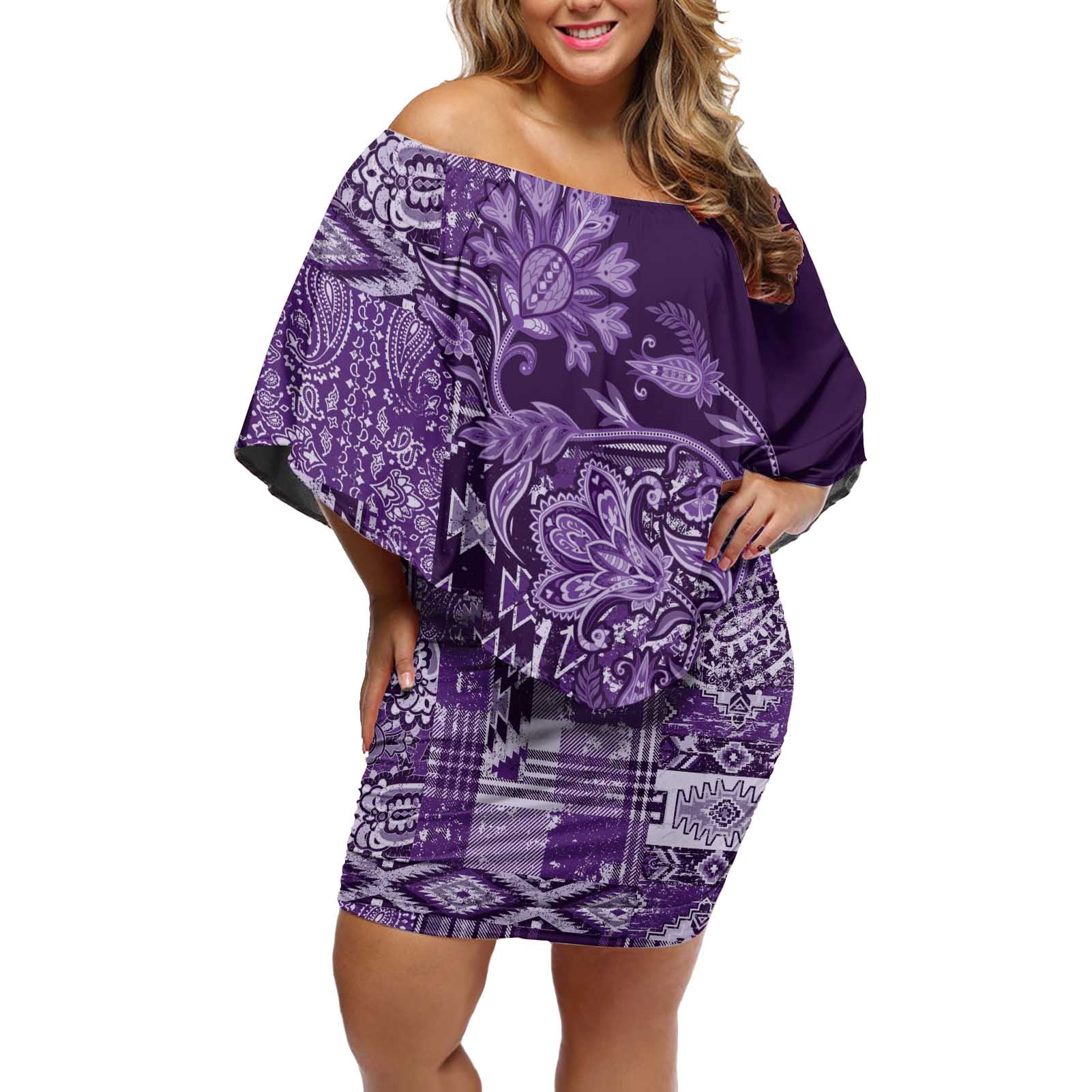 Africa Floral mix Maasai Shuka Off Shoulder Short Dress Purple Moitf - Wonder Print Shop