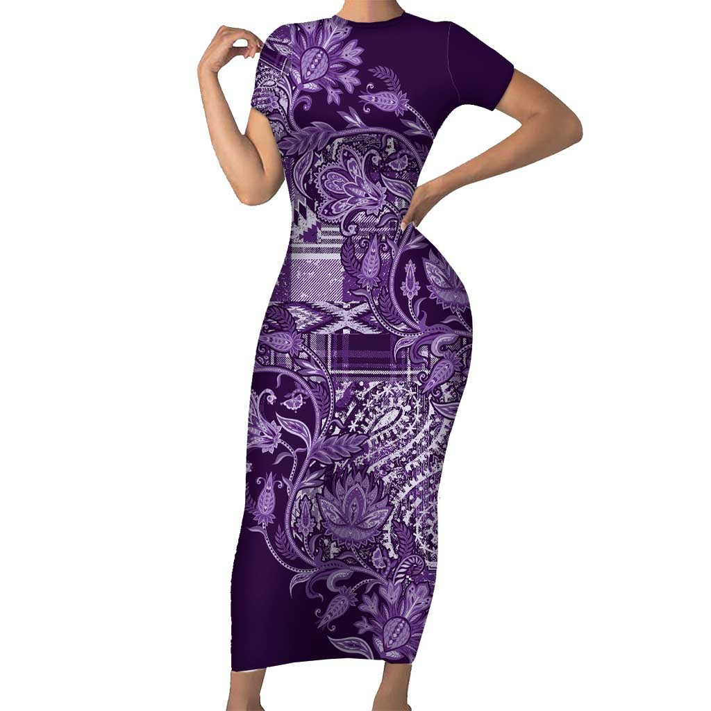 Africa Floral mix Maasai Shuka Short Sleeve Bodycon Dress Purple Moitf - Wonder Print Shop