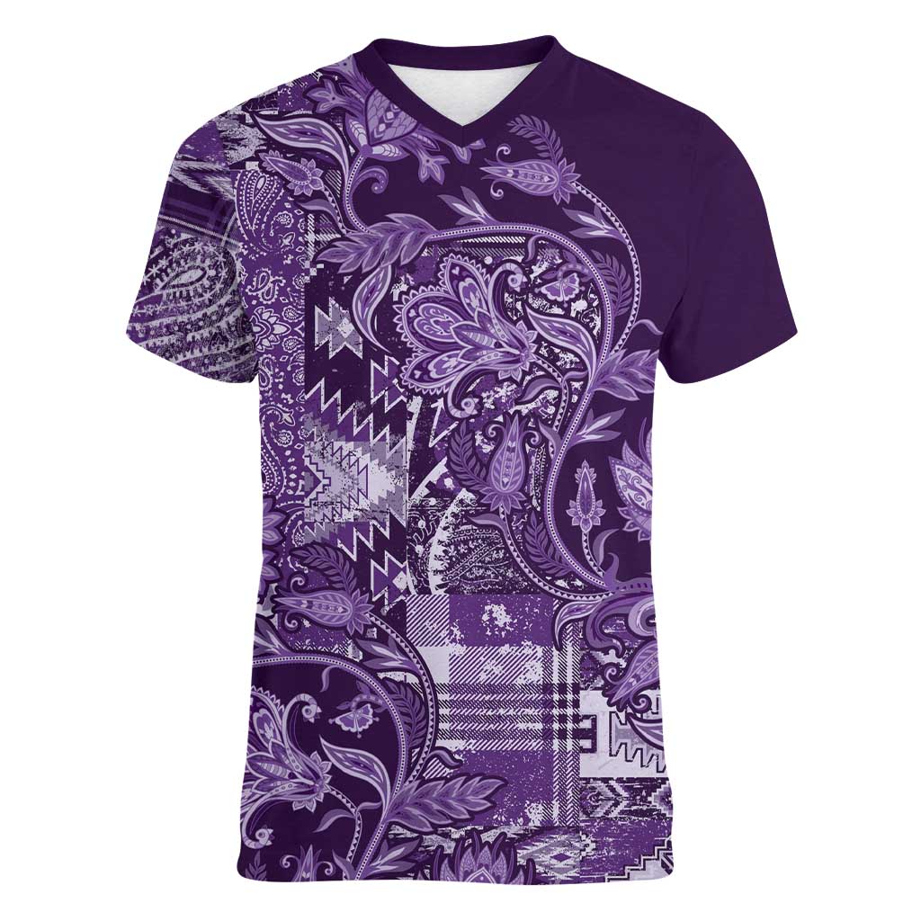 Africa Floral mix Maasai Shuka Women V-Neck T-Shirt Purple Moitf - Wonder Print Shop