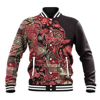 Unisex red paisley patchwork baseball jacket, black sleeves, snap front, striped rib cuffs