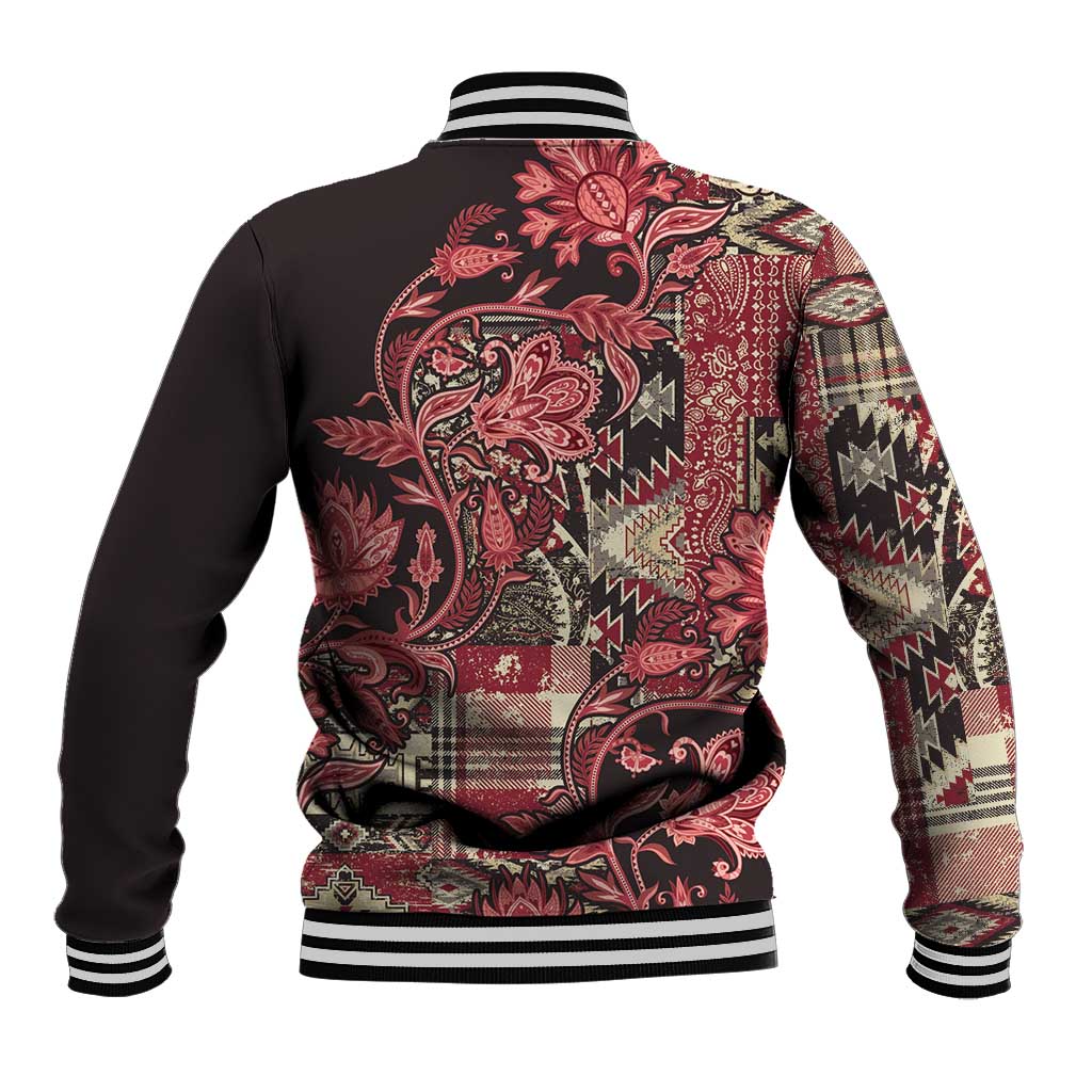 Unisex red paisley patchwork baseball jacket back view, black sleeves, striped rib collar and cuffs