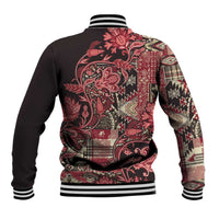 Unisex red paisley patchwork baseball jacket back view, black sleeves, striped rib collar and cuffs