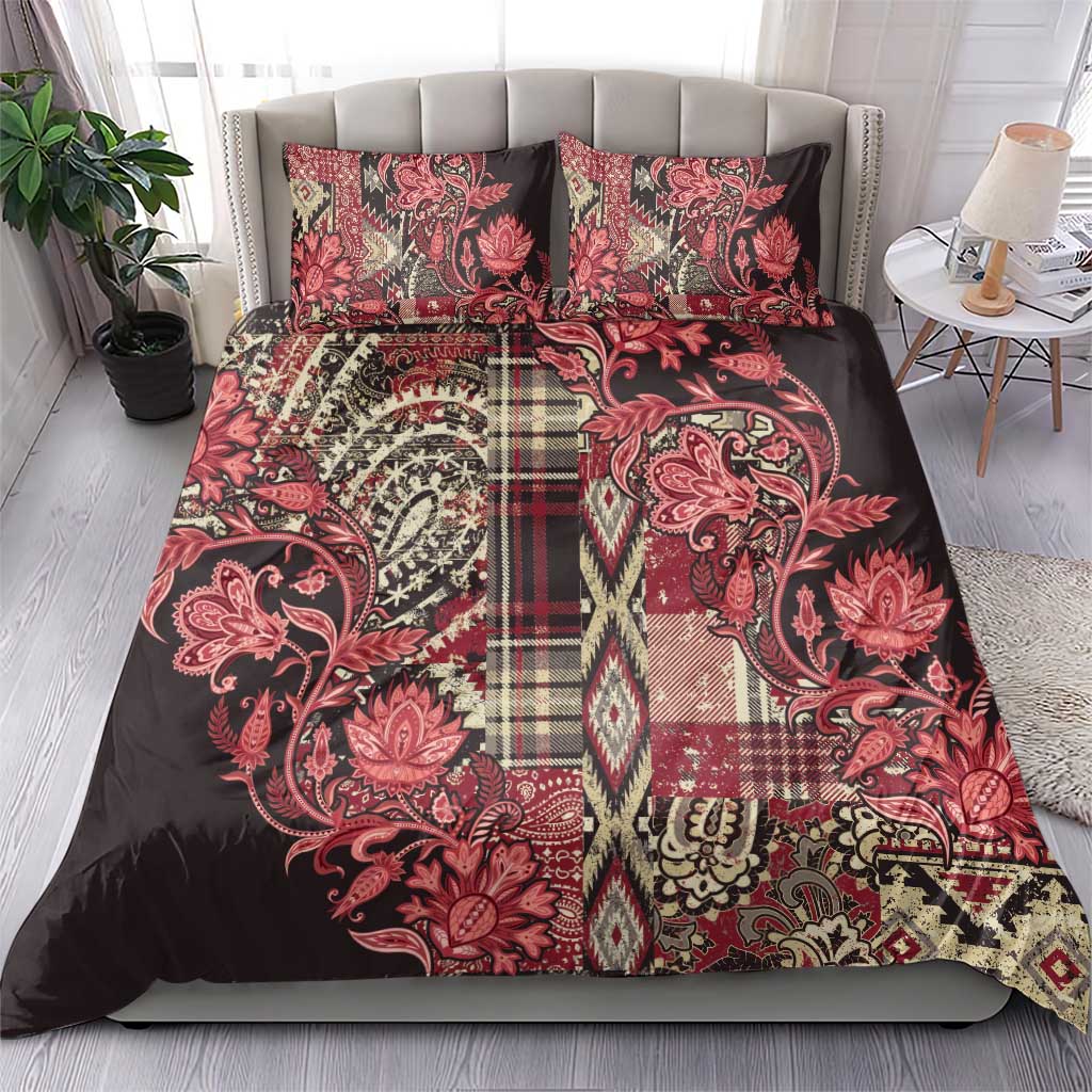 Red floral paisley Maasai shuka bedding set with two pillow covers and duvet cover