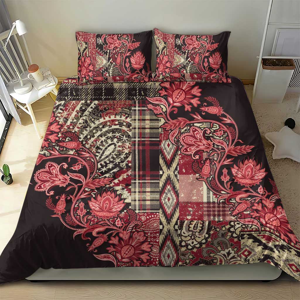 Red floral paisley shuka bedding set with two pillowcases and patterned duvet