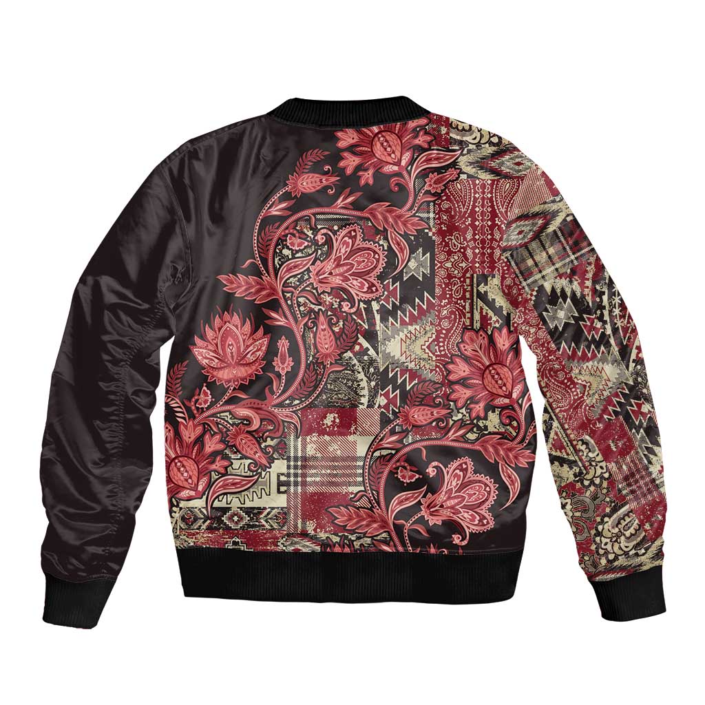 Unisex bomber jacket, black satin back with red floral paisley and geometric patchwork, ribbed hem