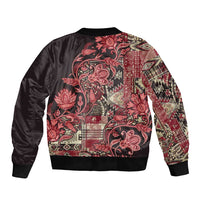 Unisex bomber jacket, black satin back with red floral paisley and geometric patchwork, ribbed hem