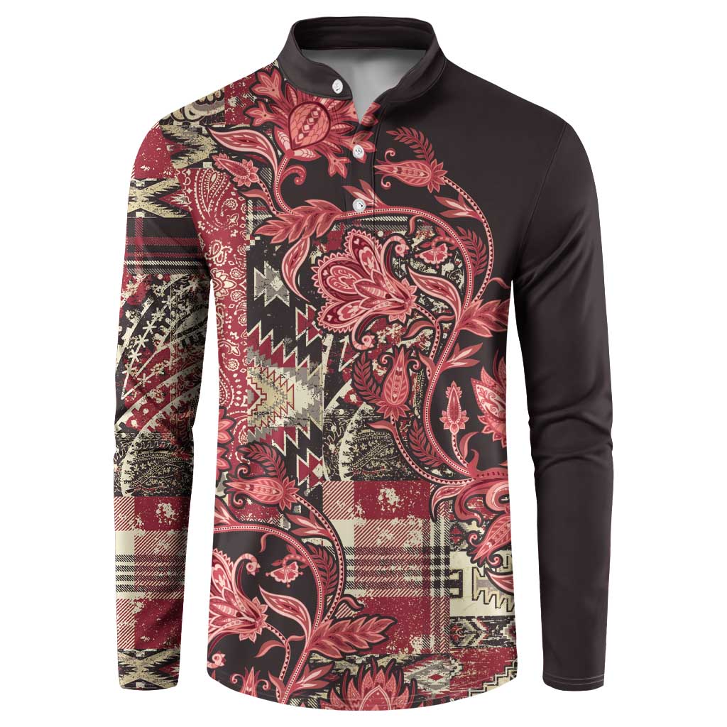 Button sweatshirt with red floral paisley patchwork and black long sleeves