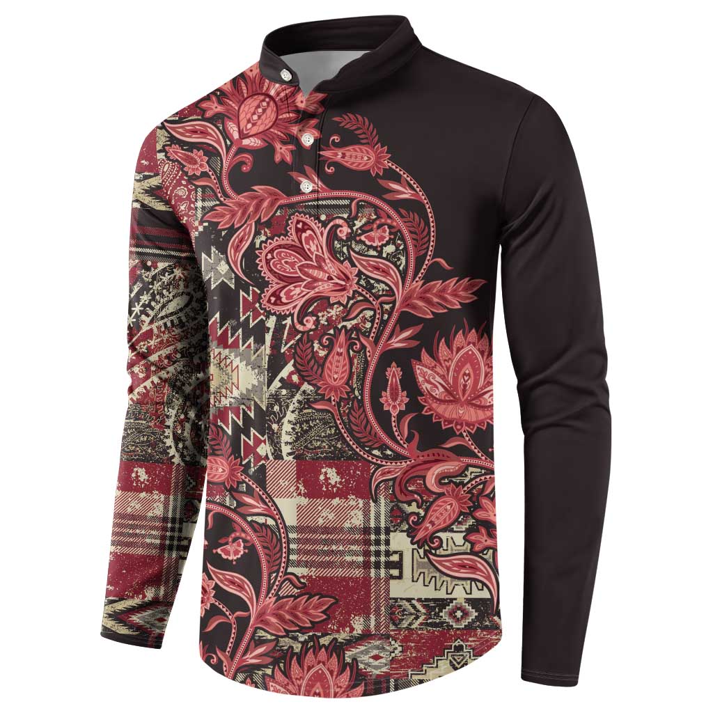 Button sweatshirt with red paisley floral front, black shoulder and sleeve panels