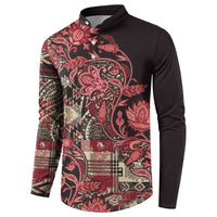 Button sweatshirt with red paisley floral front, black shoulder and sleeve panels