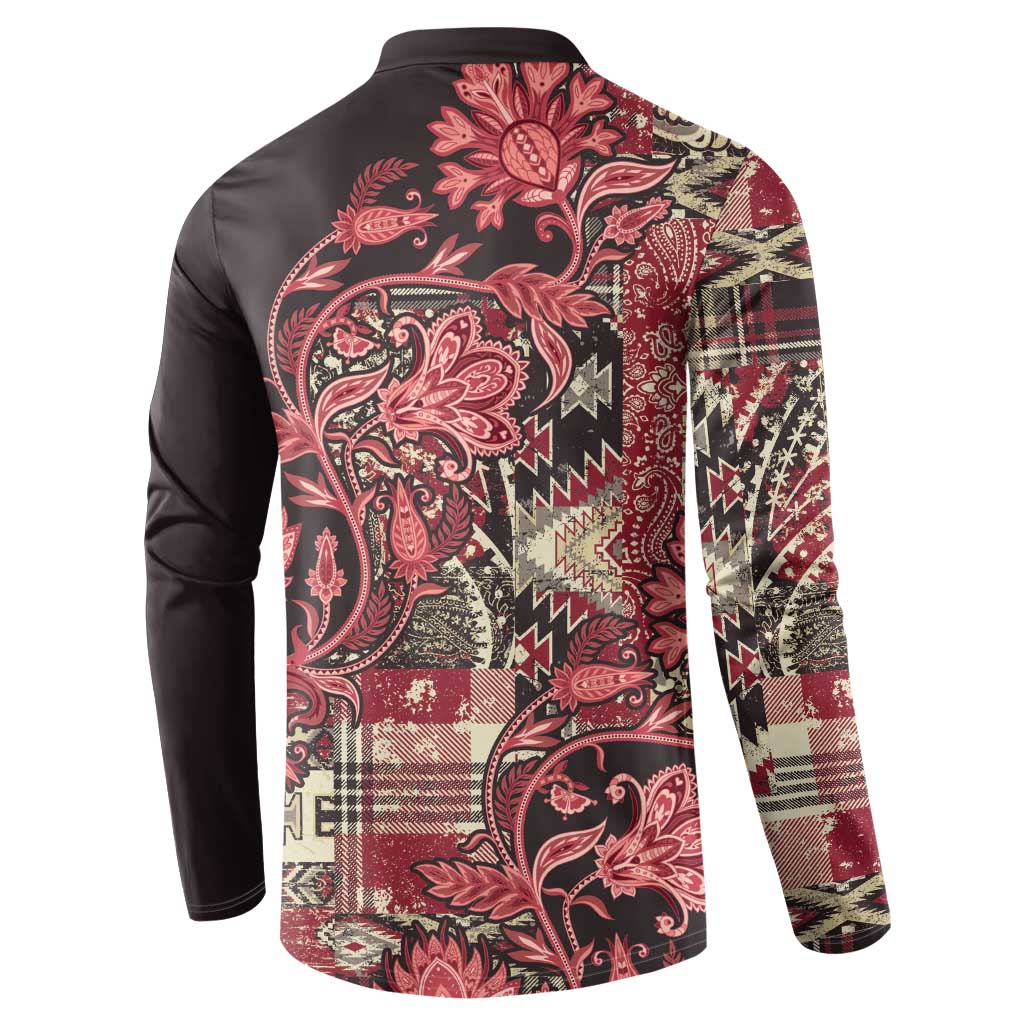 Button sweatshirt back with red floral paisley and patchwork panels, dark sleeves