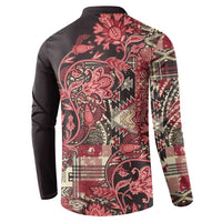 Button sweatshirt back with red floral paisley and patchwork panels, dark sleeves