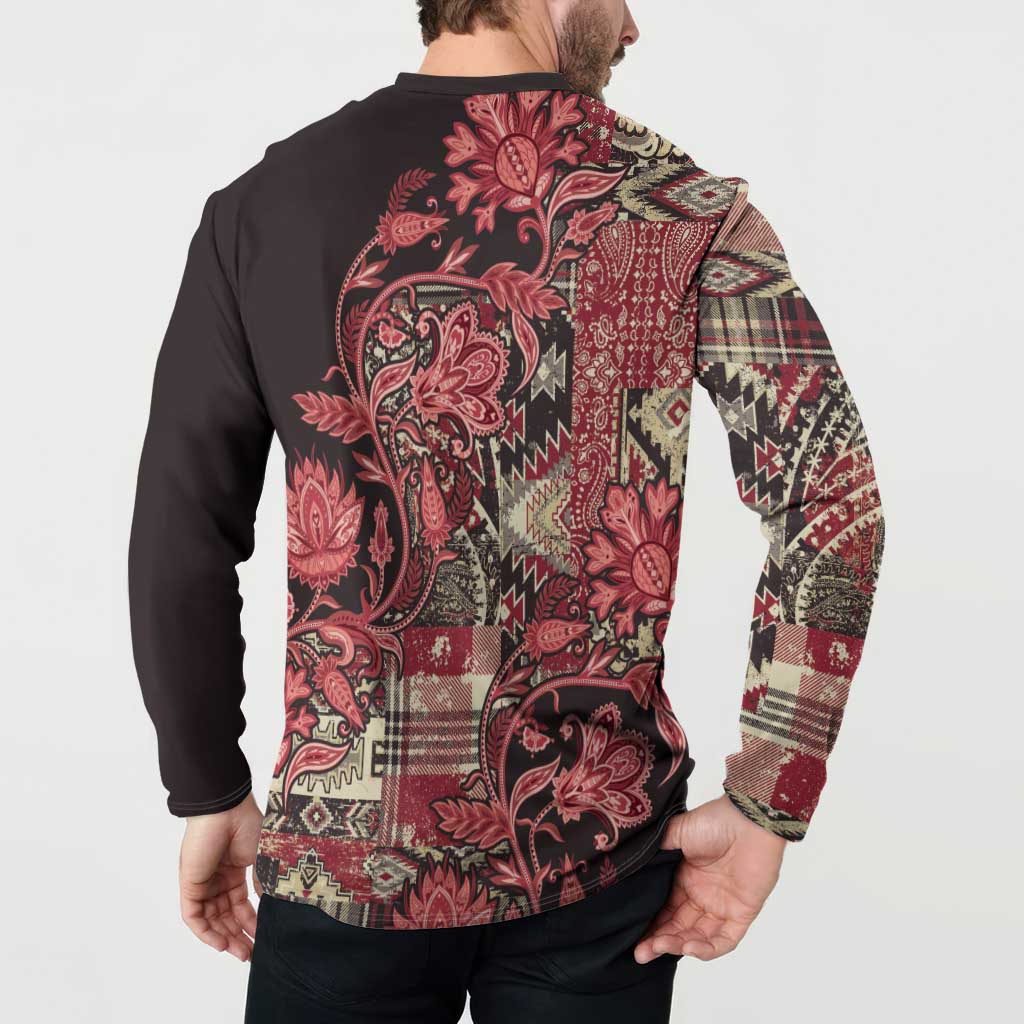 Button sweatshirt back view with red floral paisley patchwork and dark solid sleeves