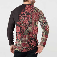 Button sweatshirt back view with red floral paisley patchwork and dark solid sleeves