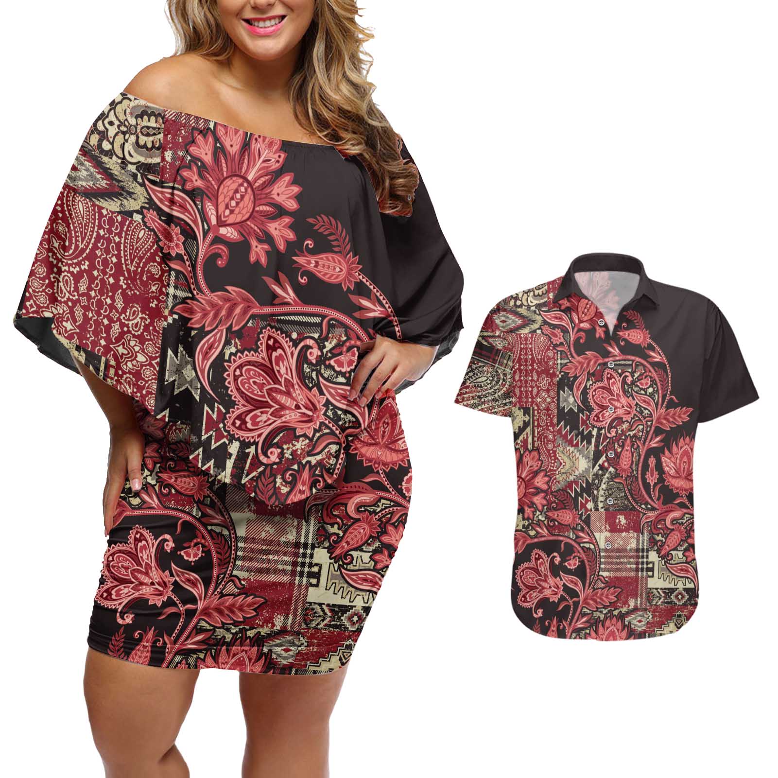 Africa Floral mix Maasai Shuka Couples Matching Off Shoulder Short Dress and Hawaiian Shirt Red Moitf LT9 - Wonder Print Shop