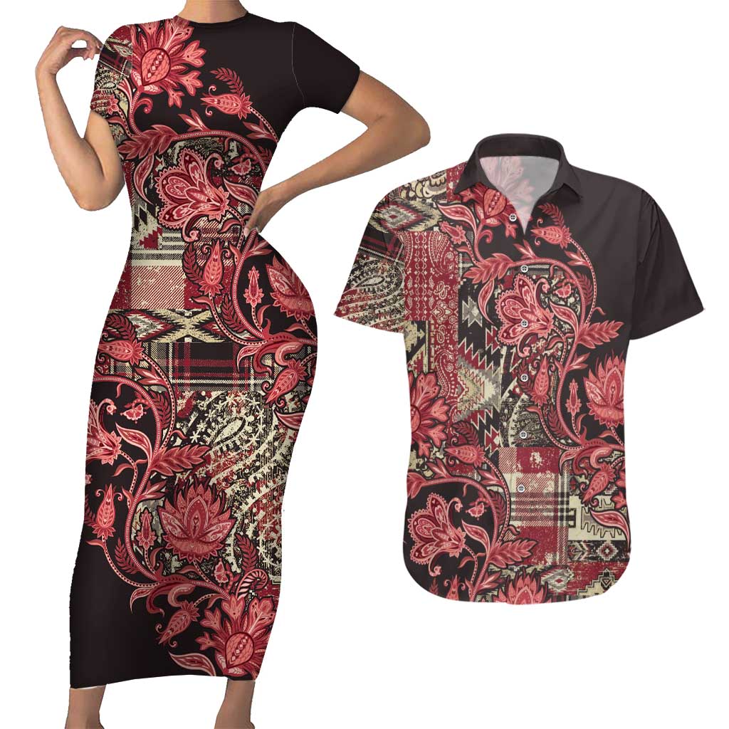 Africa Floral mix Maasai Shuka Couples Matching Short Sleeve Bodycon Dress and Hawaiian Shirt Red Moitf LT9 - Wonder Print Shop