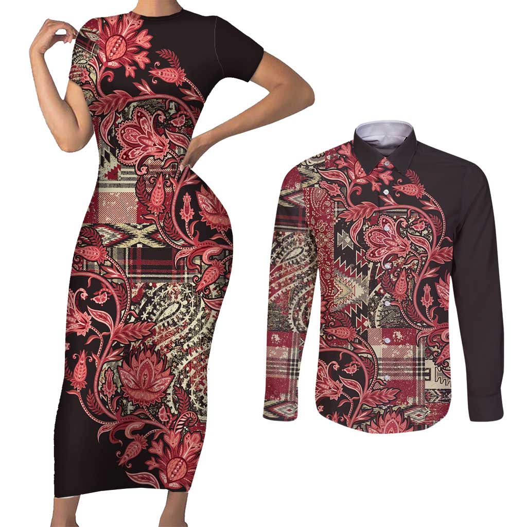 Africa Floral mix Maasai Shuka Couples Matching Short Sleeve Bodycon Dress and Long Sleeve Button Shirt Red Moitf LT9 - Wonder Print Shop