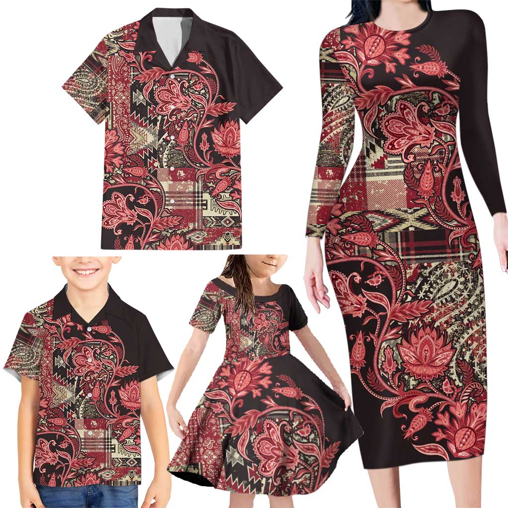 Africa Floral mix Maasai Shuka Family Matching Long Sleeve Bodycon Dress and Hawaiian Shirt Red Moitf LT9 - Wonder Print Shop