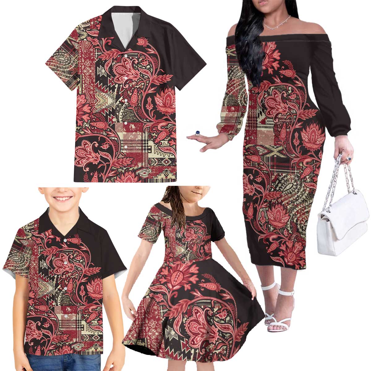 Africa Floral mix Maasai Shuka Family Matching Off The Shoulder Long Sleeve Dress and Hawaiian Shirt Red Moitf - Wonder Print Shop