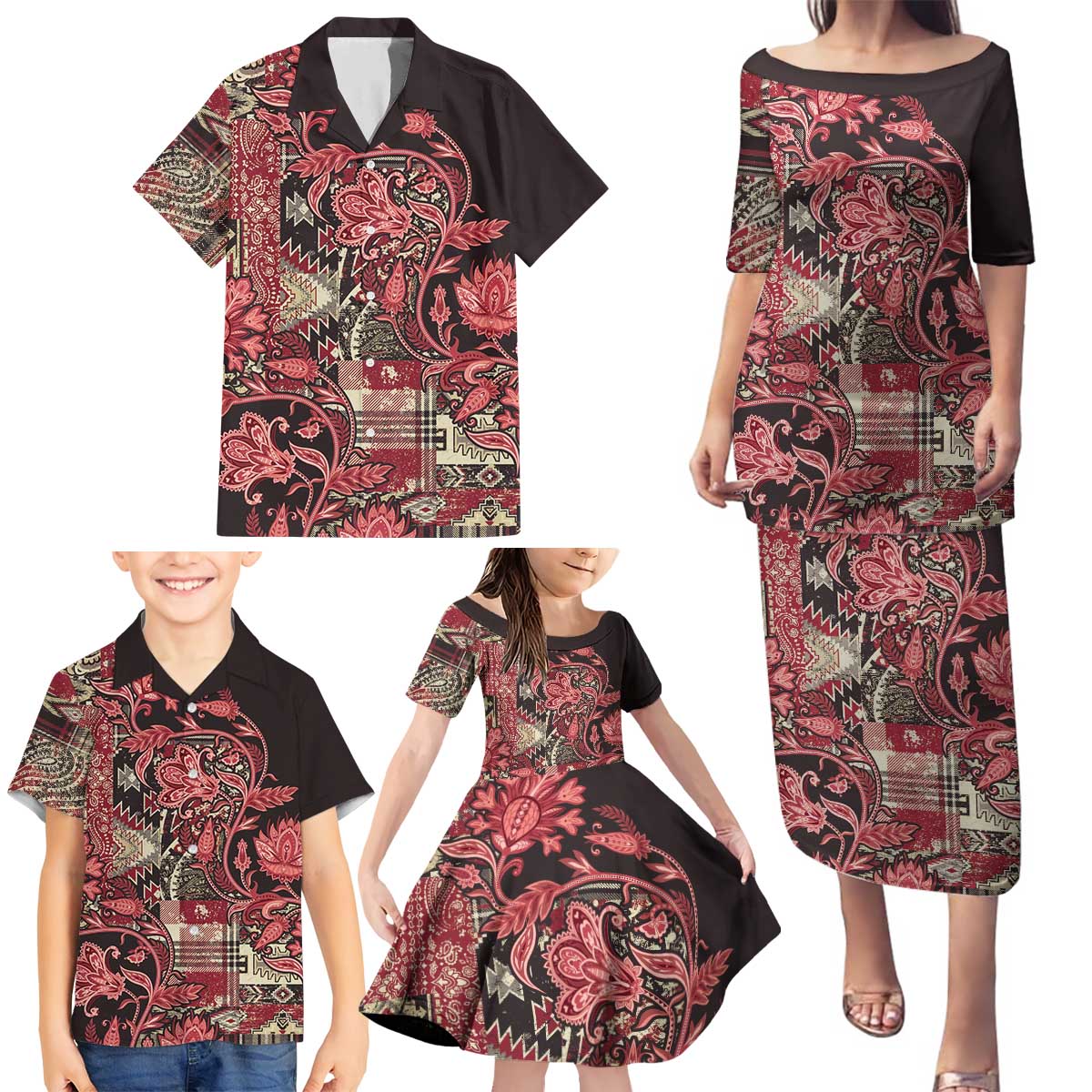 Africa Floral mix Maasai Shuka Family Matching Puletasi and Hawaiian Shirt Red Moitf - Wonder Print Shop