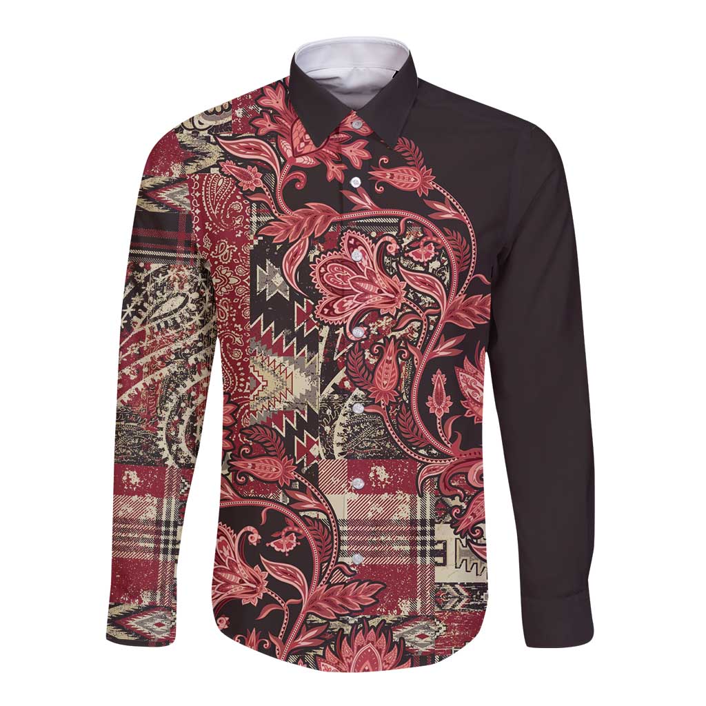 Africa Floral mix Maasai Shuka Long Sleeve Button Shirt Red Moitf - Wonder Print Shop