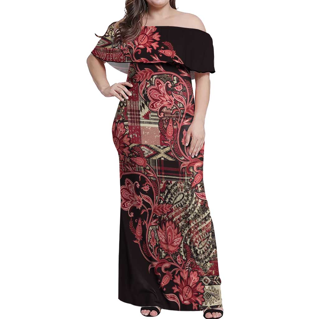 Africa Floral mix Maasai Shuka Off Shoulder Maxi Dress Red Moitf - Wonder Print Shop