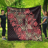 Black quilt with red floral paisley print, large square spread, quilted texture