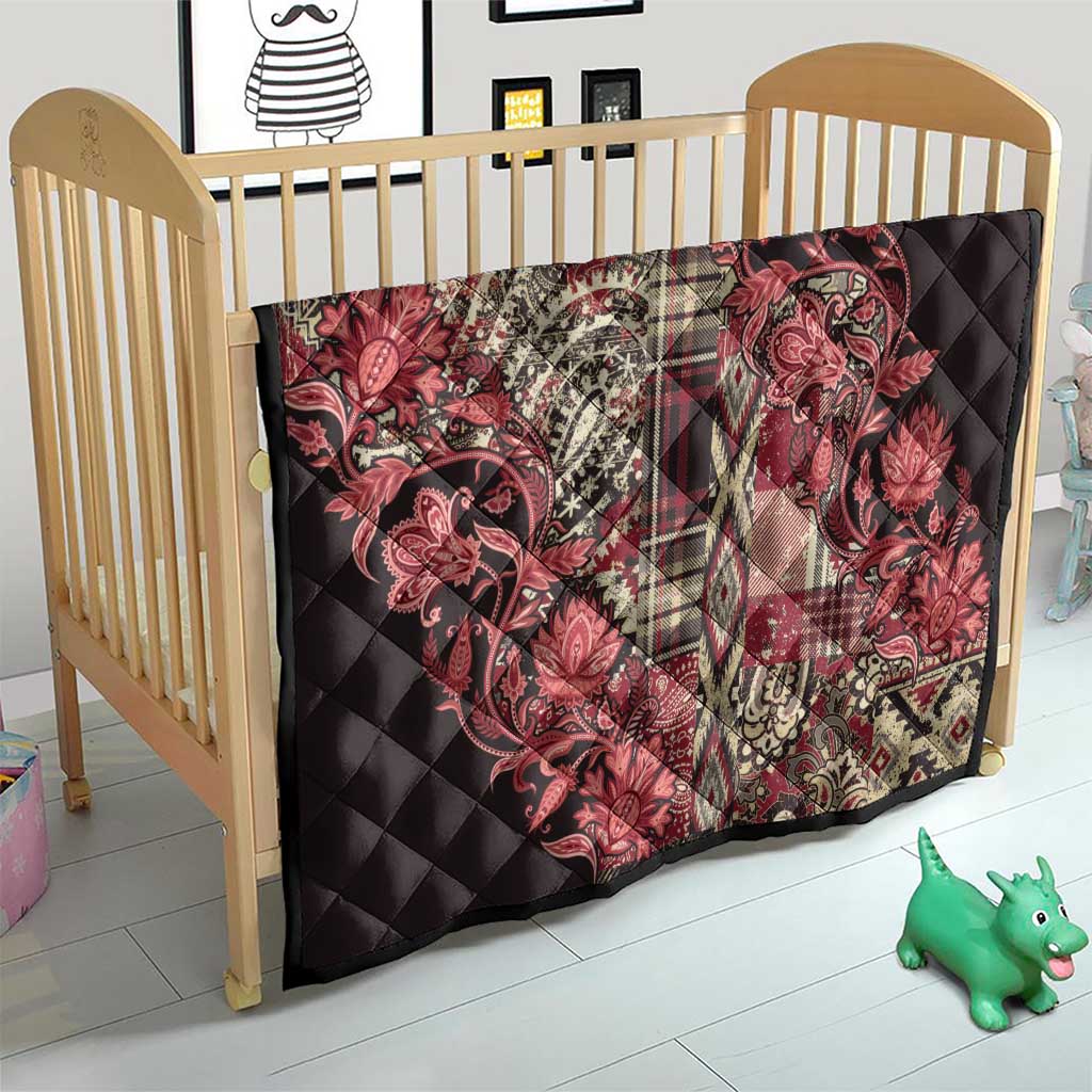 Red and black quilt with paisley floral print, quilted diamond pattern for crib