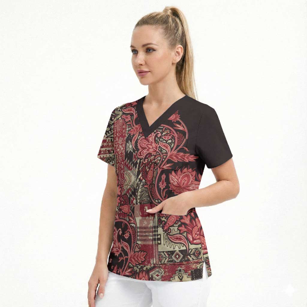 Africa Floral mix Maasai Shuka Scrub Top Red Moitf