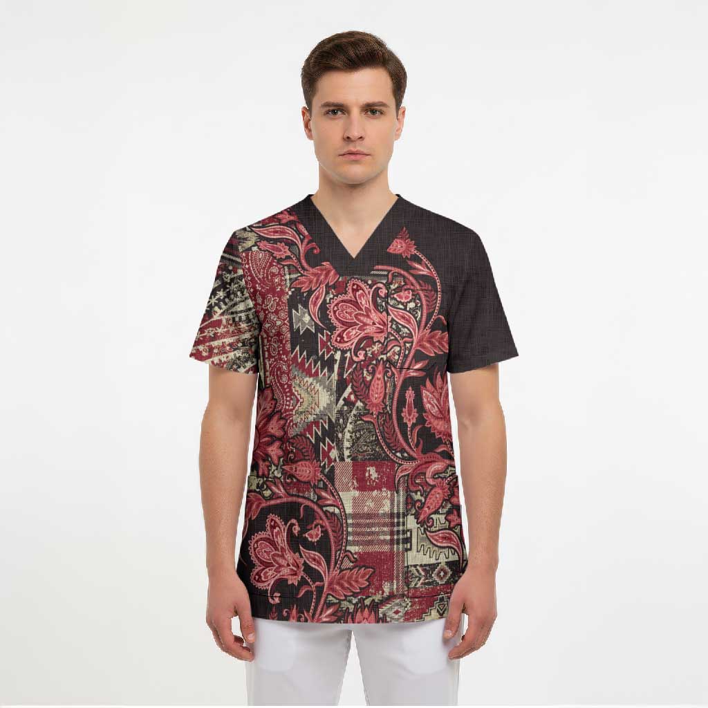 Africa Floral mix Maasai Shuka Scrub Top Red Moitf