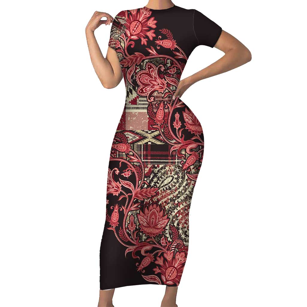 Africa Floral mix Maasai Shuka Short Sleeve Bodycon Dress Red Moitf - Wonder Print Shop