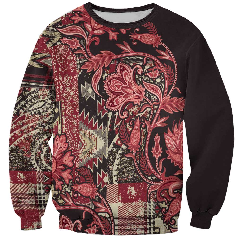 Unisex crewneck sweatshirt, dark with red paisley floral patchwork panels