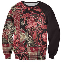 Unisex crewneck sweatshirt, dark with red paisley floral patchwork panels