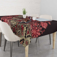 Maasai shuka floral tablecloth in red, black, and cream with patterned center panel.