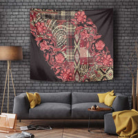 Maasai shuka tapestry with red floral vines and geometric blocks on dark background
