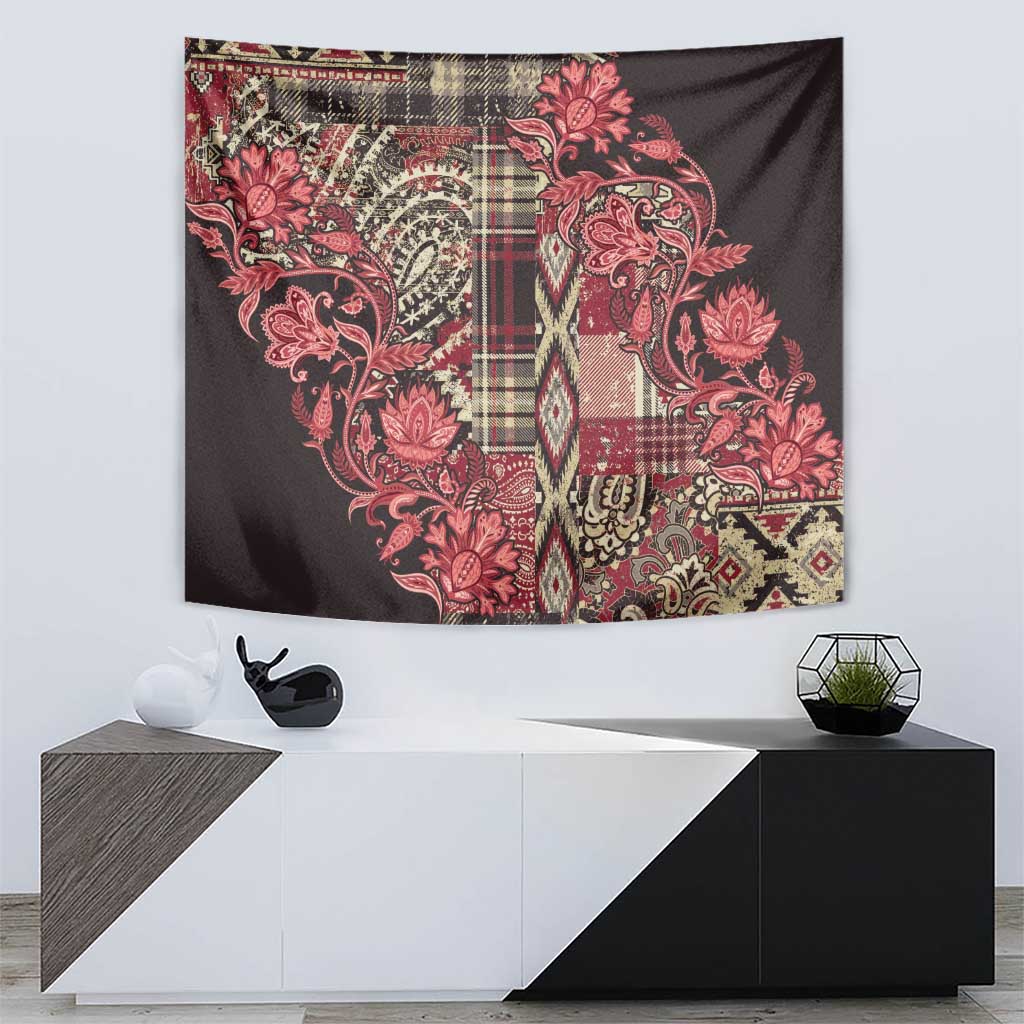 Maasai shuka tapestry, red floral and patterned vertical panel on dark cloth