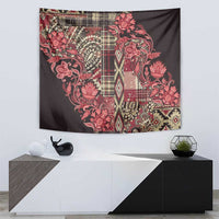 Maasai shuka tapestry, red floral and patterned vertical panel on dark cloth