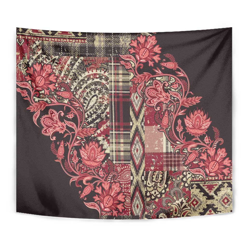 Maasai shuka tapestry close-up with red floral motifs and central vertical stripe