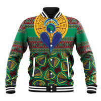 Green kanga-pattern varsity baseball jacket with yellow central medallion, ribbed collar and cuffs
