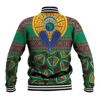 Green kanga-pattern varsity baseball jacket back with yellow circular medallion, ribbed cuffs and hem