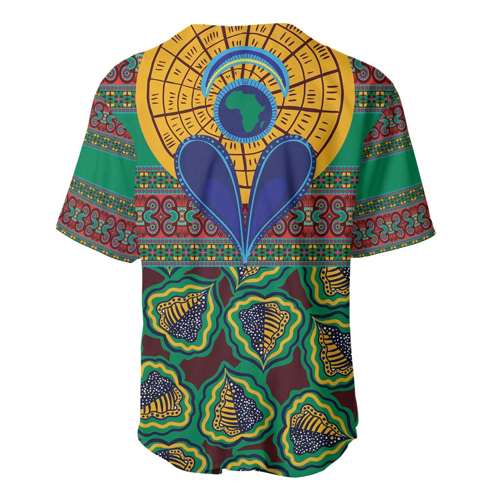 Green baseball jersey with bright African print, short sleeves and centered V design