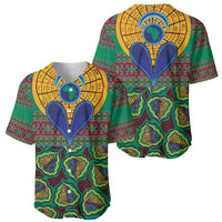 Green African-print baseball jersey shown front and back, short sleeves, V center motif