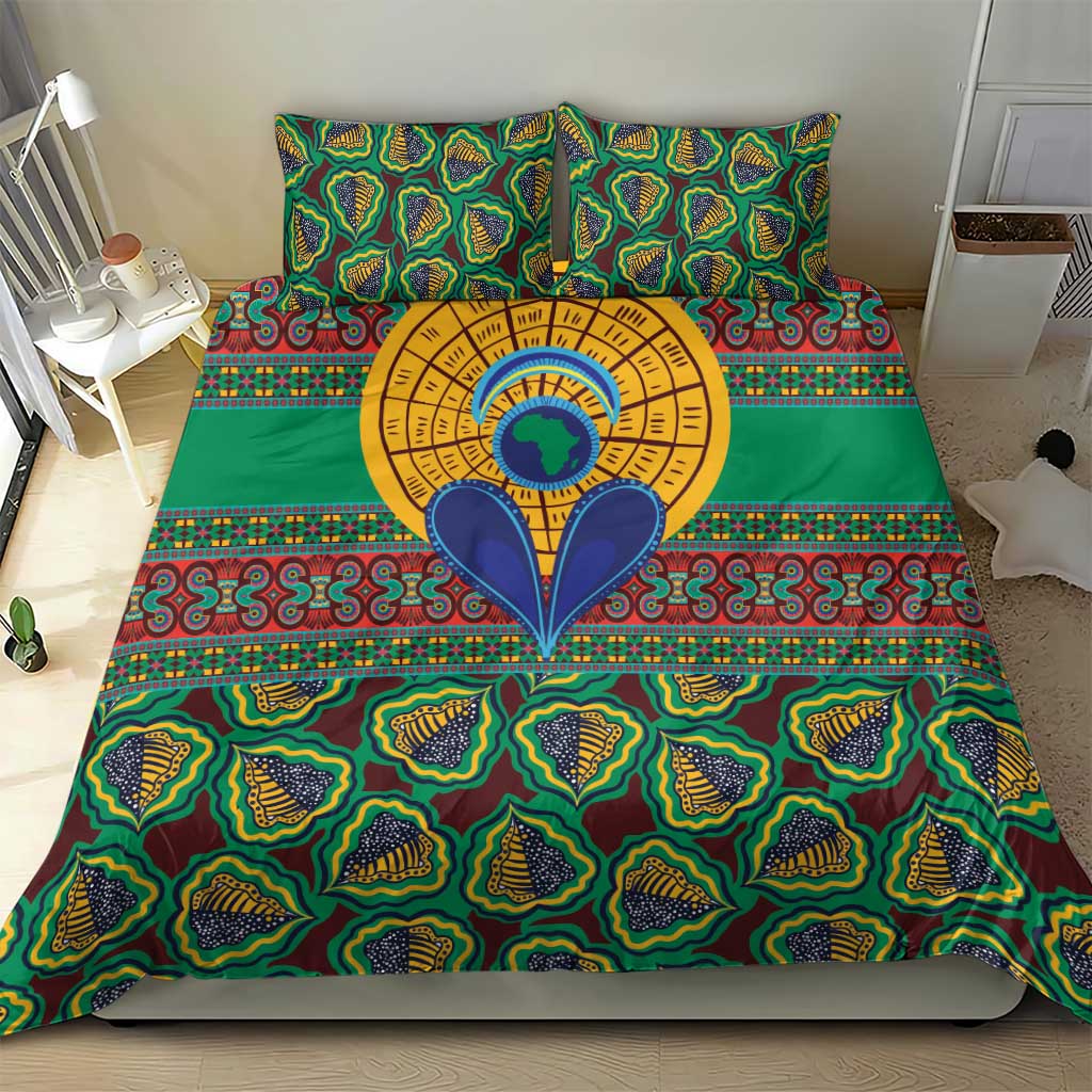Green kanga-style duvet cover bedding set with large central circular tribal design